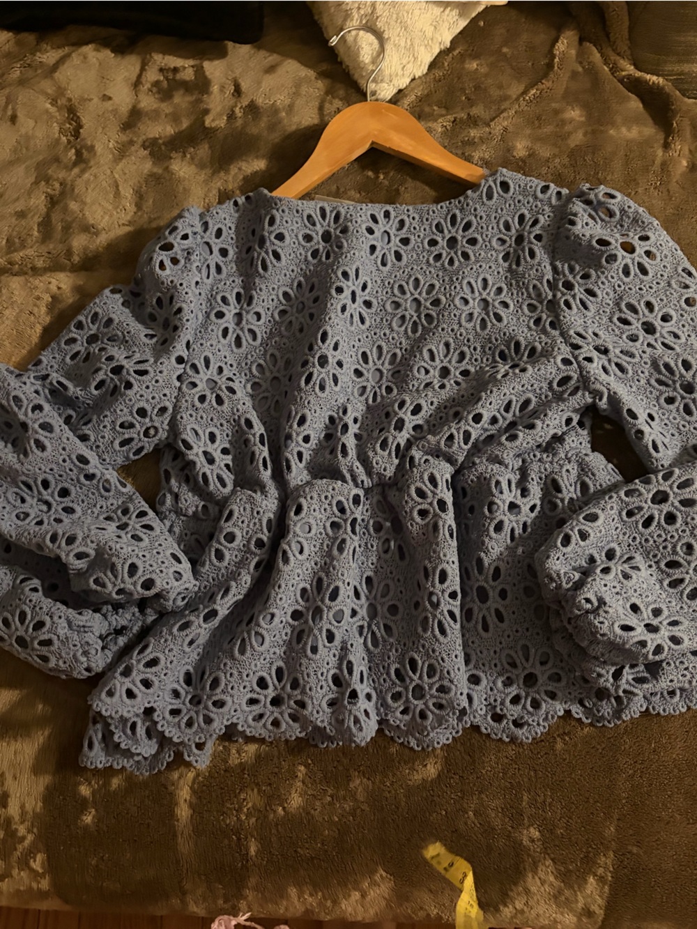Altar'd State Long Sleeve Blue Crochet V-Neck Peplum Blouse, Size Medium - Picture 8 of 10